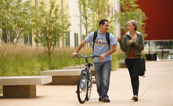 Students walking with bicycle