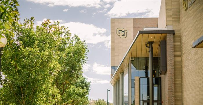 Trees and building with CU logo